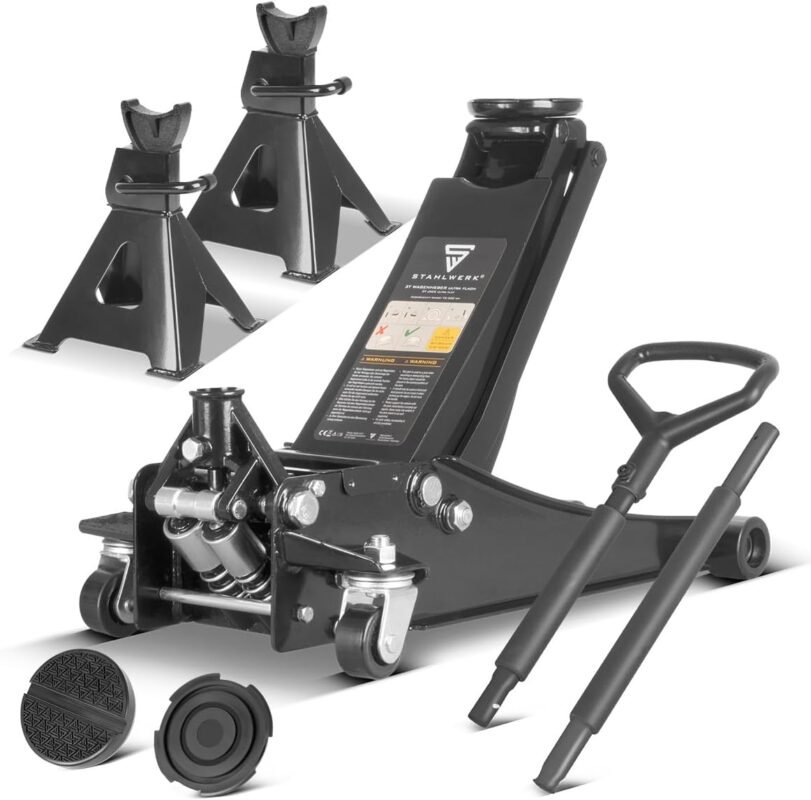 STAHLWERK Hydraulischer Wagenheber mit 3 t Tragkraft - extra flach, 73-500 mm Hubbereich, gummierte Rollen, Doppelhubkolben, Hydraulik- und Rangierwagenheber, inkl. 2er Set Unterstellbock (WHB-73 ST)