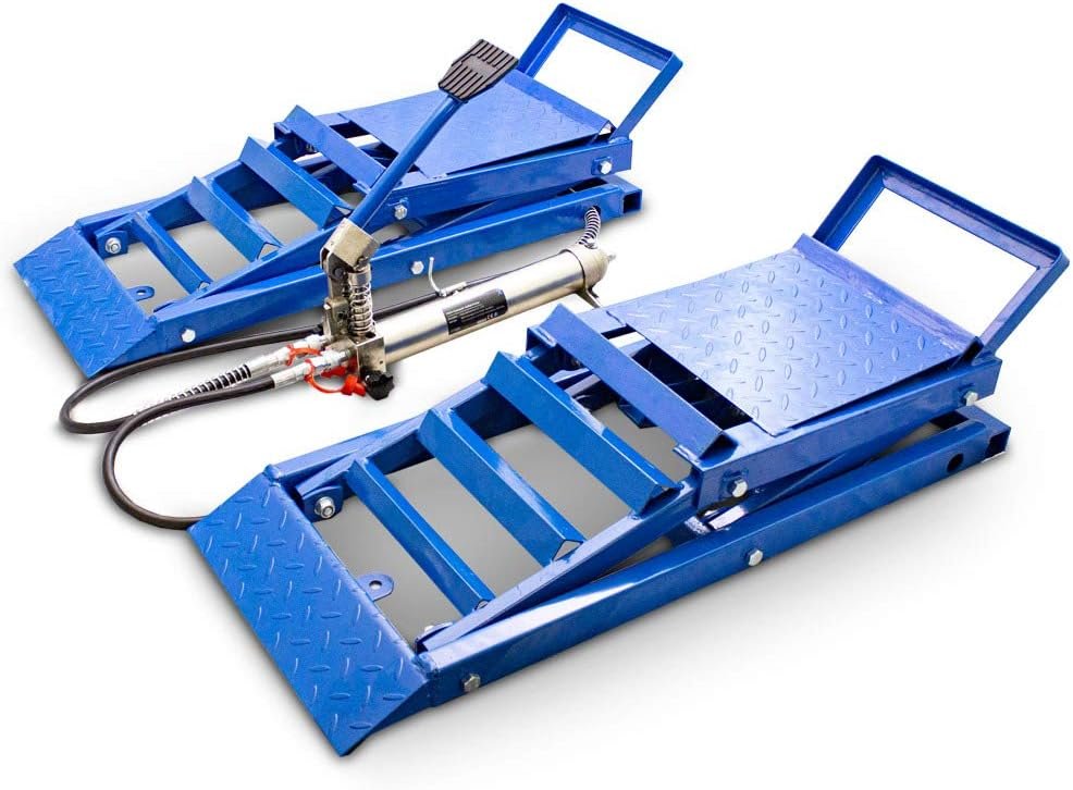 BITUXX® 2 Stück hydraulik 2,7T Auto PKW KFZ Auffahrrampen Set mit Wagenheber hydraulisch Höhenverstellbar Wartungsrampe Hebebühne Rampe Auffahrrampe Auffahrbock Blau