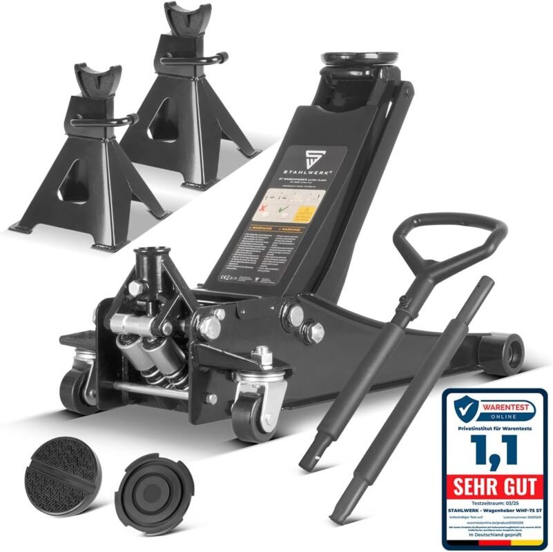 STAHLWERK Hydraulischer Wagenheber mit 3 t Tragkraft - extra flach, 73-500 mm Hubbereich, gummierte Rollen, Doppelhubkolben, Hydraulik- und Rangierwagenheber, inkl. 2er Set Unterstellbock (WHB-73 ST)