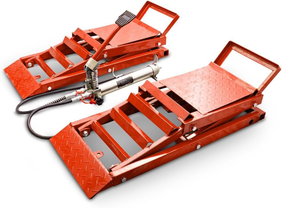 BITUXX 2 Stück hydraulik 2,7T Auto PKW KFZ Auffahrrampen Set mit Wagenheber hydraulisch Höhenverstellbar Wartungsrampe Hebebühne Rampe Auffahrrampe Auffahrbock Rot
