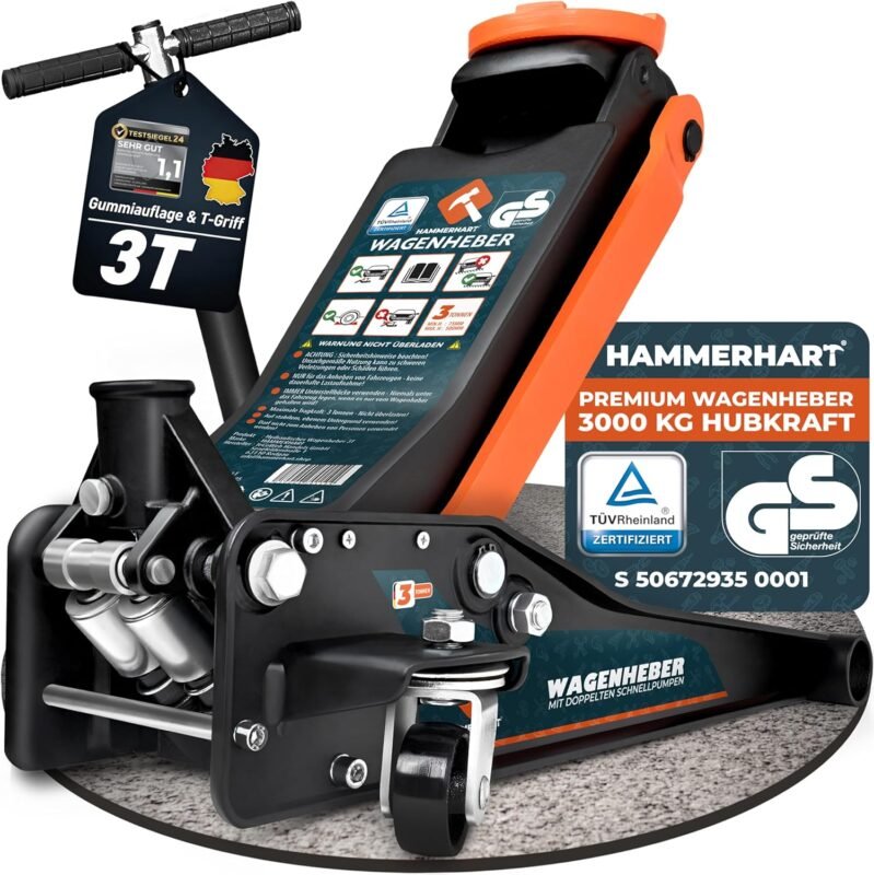 HAMMERHART - Hydraulischer Wagenheber 3T | TÜV geprüfter Rangierwagenheber mit 75-505mm Hubhöhe | Premium Wagenheber flach mit 360° Rollen & Doppelkolben | Jack [Testsieger] mit Gummiauflage & T-Griff