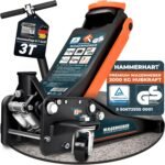 HAMMERHART - Hydraulischer Wagenheber 3T | TÜV geprüfter Rangierwagenheber mit 75-505mm Hubhöhe | Premium Wagenheber flach mit 360° Rollen & Doppelkolben | Jack [Testsieger] mit Gummiauflage & T-Griff