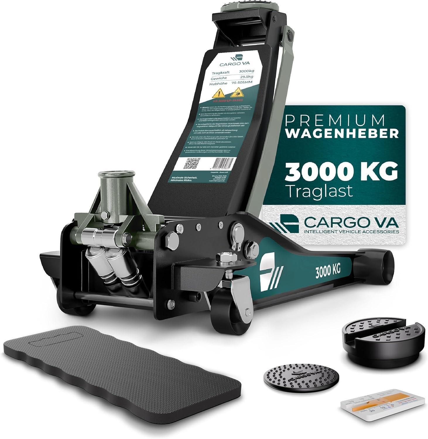 813BkloU6oL._AC_SL1500 CargoVA Wagenheber 3T hydraulisch | Flacher Wagenheber mit 75-505mm Hubhöhe | Profi-Toolkit inkl. Kniematte & 2X Gummiauflagen | Ideal für SUV & tiefergelegte Autos | Rangierwagenheber Reifenwechsel