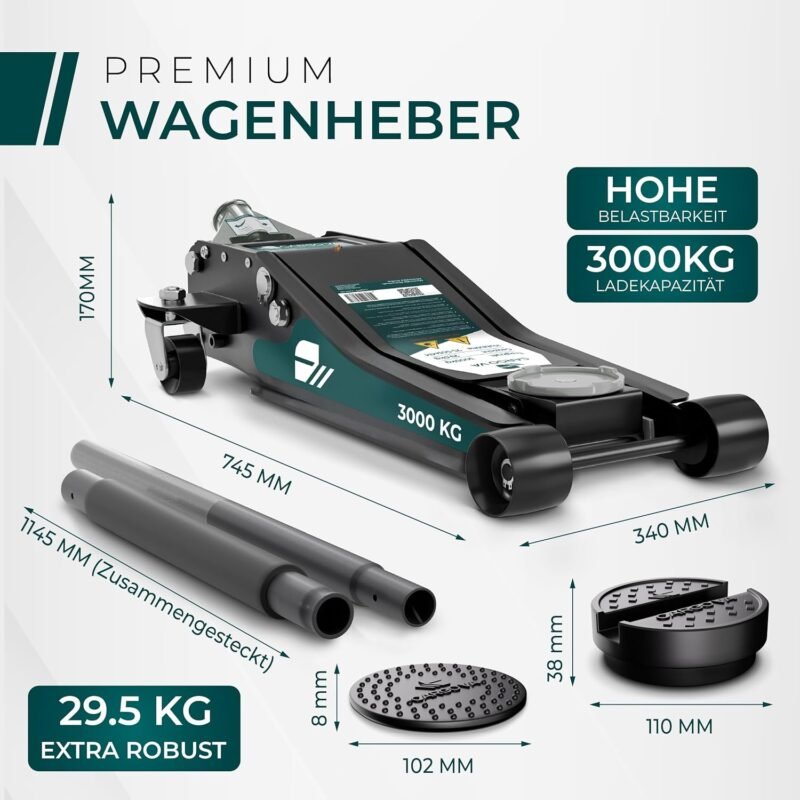 CargoVA Wagenheber 3T hydraulisch | Flacher Wagenheber mit 75-505mm Hubhöhe | Profi-Toolkit inkl. Kniematte & 2X Gummiauflagen | Ideal für SUV & tiefergelegte Autos | Rangierwagenheber Reifenwechsel