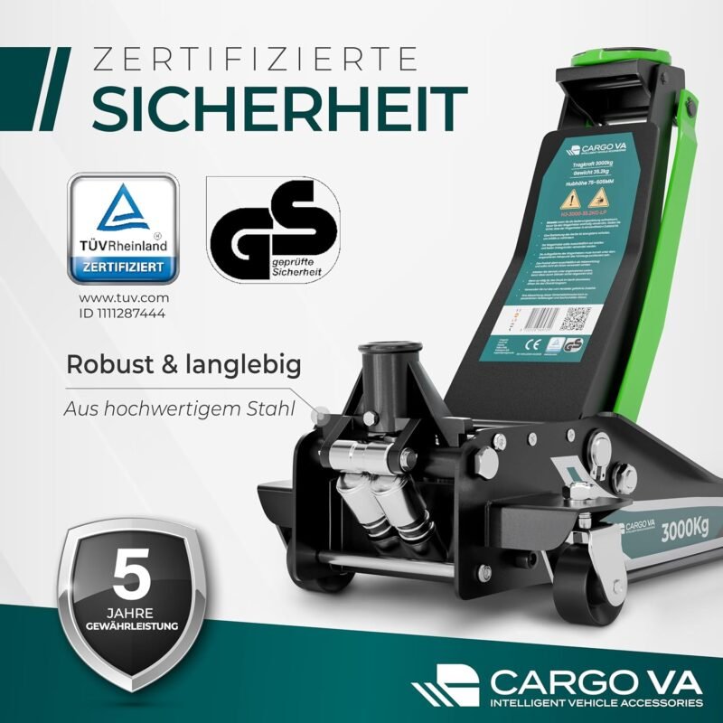 CargoVA Wagenheber Hydraulisch 3T - TÜV Zertifiziert 75-505 mm Hubhöhe, Wagenheber SUV inkl Gummiauflage, Profi Rangierwagenheber Hydraulischer perfekt für die Heimwerkstatt