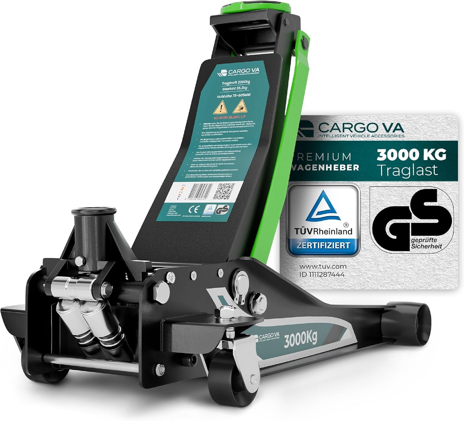 81s7Em1nqXL._AC_SL1500 CargoVA Wagenheber Hydraulisch 3T - TÜV Zertifiziert 75-505 mm Hubhöhe, Wagenheber SUV inkl Gummiauflage, Profi Rangierwagenheber Hydraulischer perfekt für die Heimwerkstatt